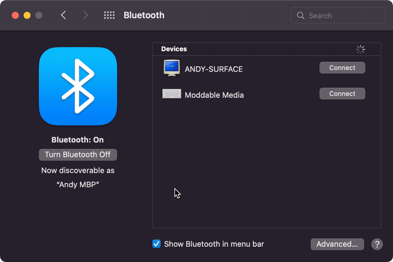 An animated GIF showing a Moddable Bluetooth device pairing with macOS.