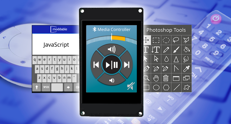 A Moddable Two device showing a media controller with play/pause, next track, previous track, volume up, and volume down buttons. Behind it are two more apps showing a Photoshop Tools selector and a soft keyboard.